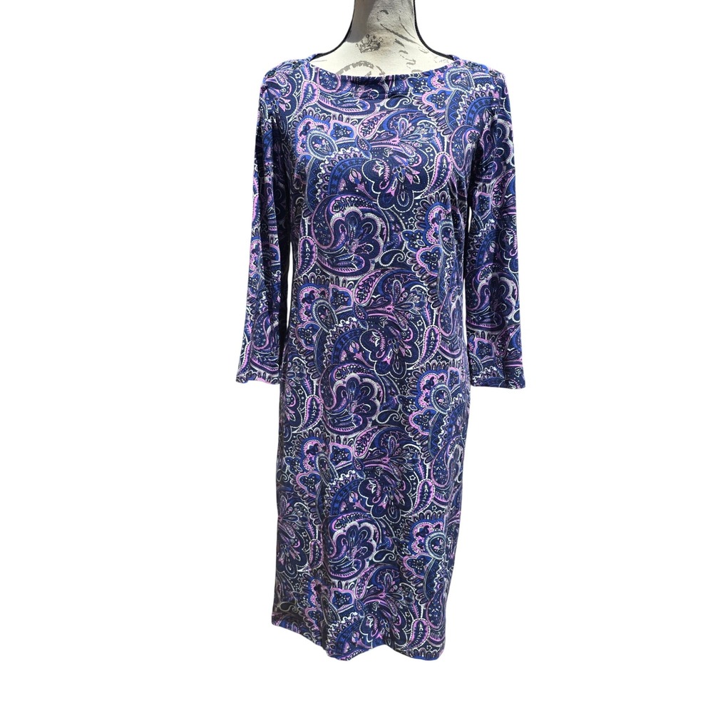 Talbots Womens Blue Purple Paisley Boat Neck 3/4 Sleeve Sheath Dress Size M - Picture 2 of 11